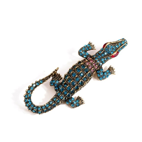 Blue Rhinestone Alligator Crocodile Necklace Pendant Pin Broach - Picture 1 of 3